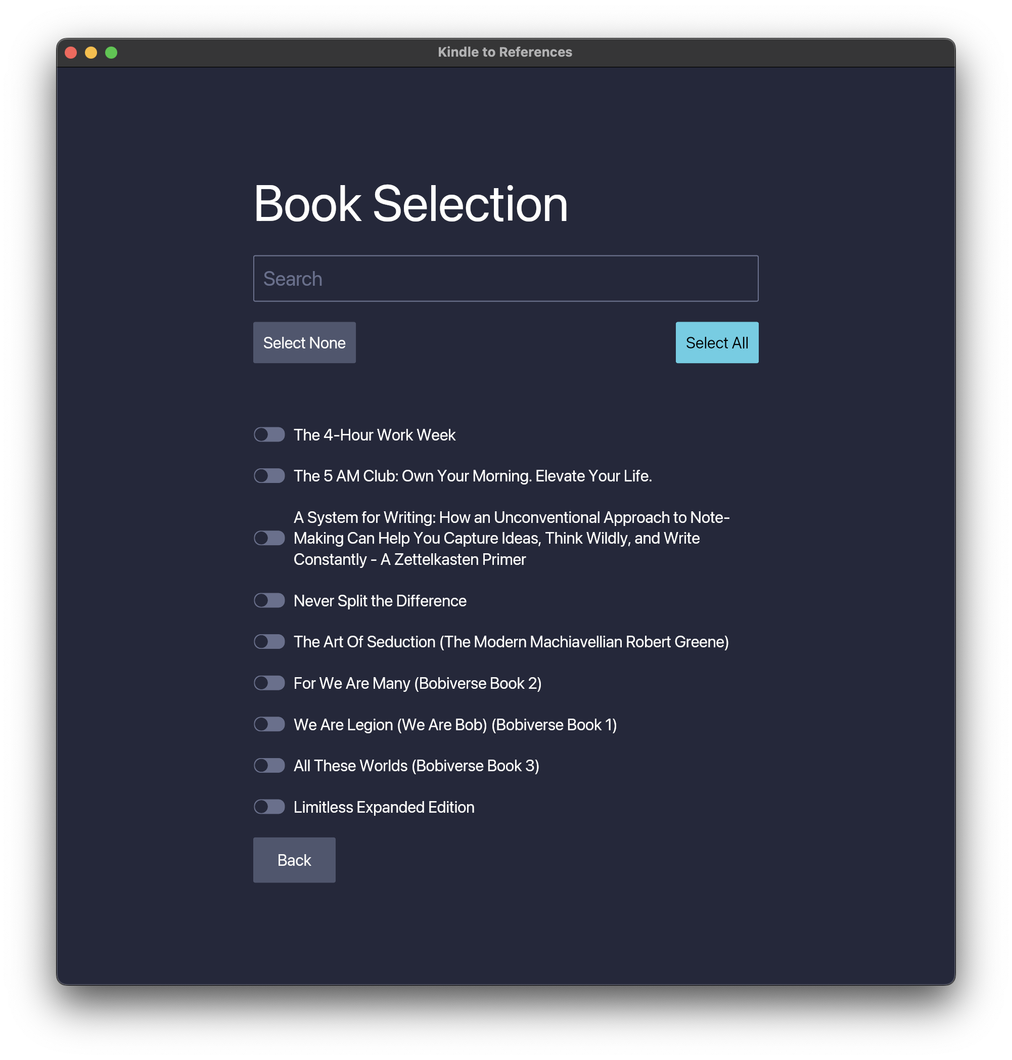 KTR GUI Book Selection screenshot